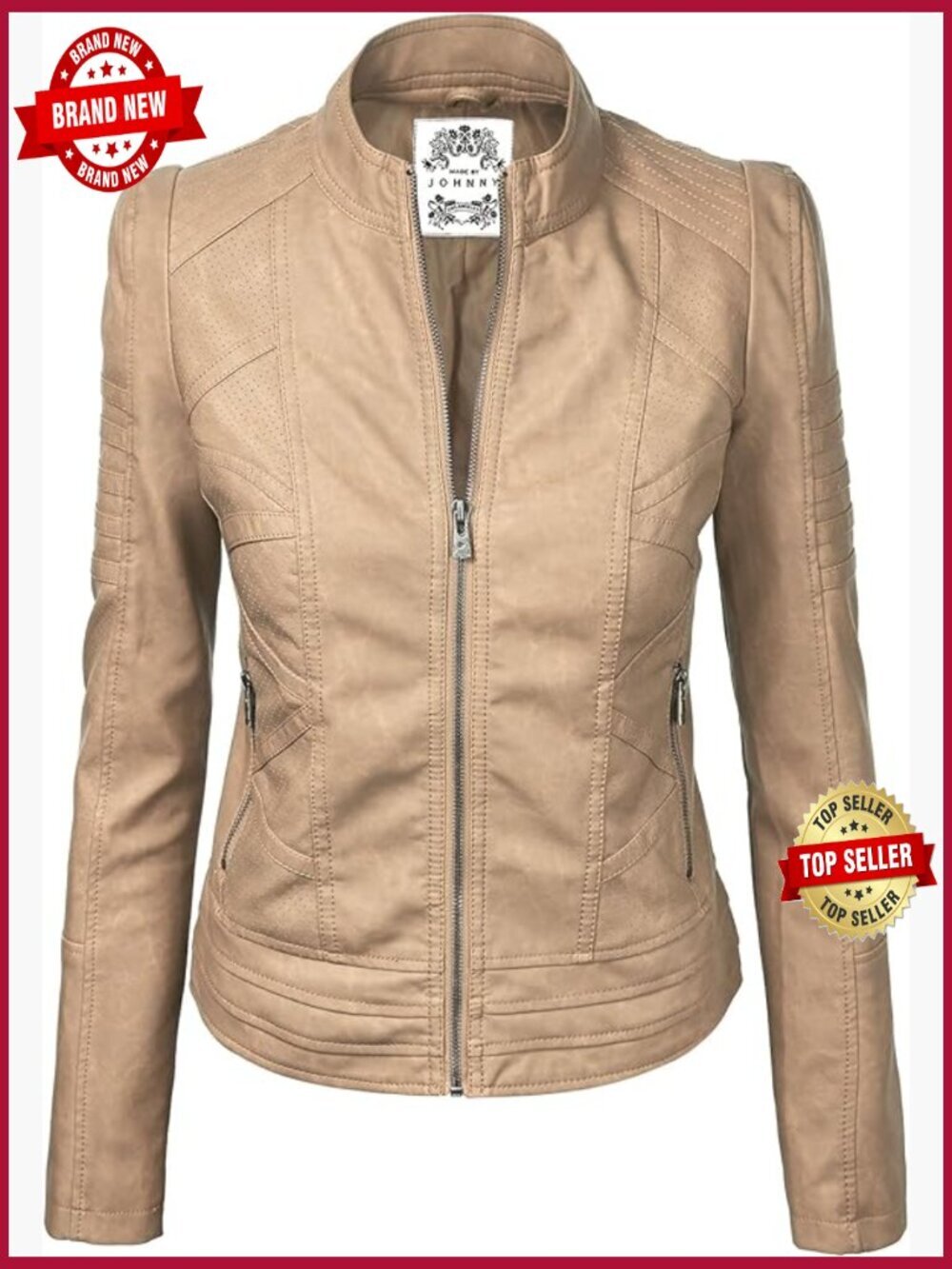 Faux Leather Zip Up Moto Biker Jacket with Stitching Detail